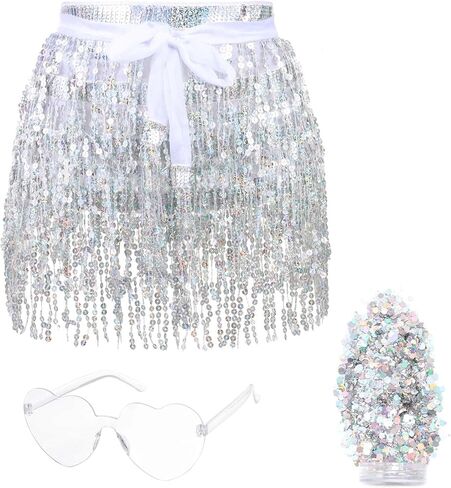 Sequin Tassel Skirt Belly Dance Hip Scarf, Shiny Fringe Skirts Belt Wrap,Sunglasses Face Body Glitter, Festive Christmas in Saudi Arabia