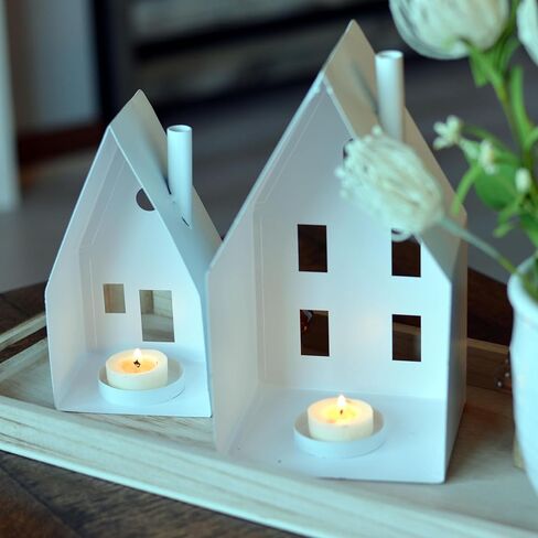 فوانيس شموع Alpine House، طراز الشاليه، حاملات مصابيح الشاي، مجموعة من قطعتين، معدن أبيض، 8.75 و6.75 بوصة in Kuwait