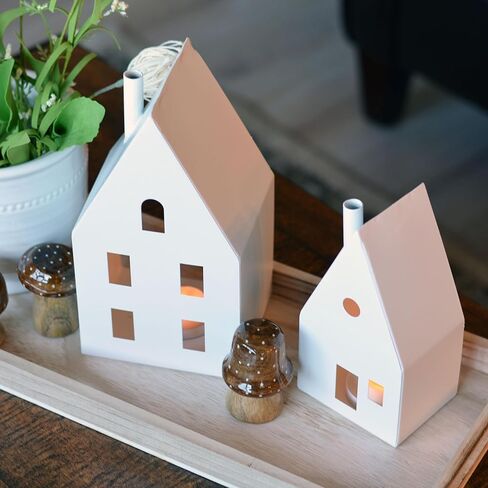 فوانيس شموع Alpine House، طراز الشاليه، حاملات مصابيح الشاي، مجموعة من قطعتين، معدن أبيض، 8.75 و6.75 بوصة in Kuwait