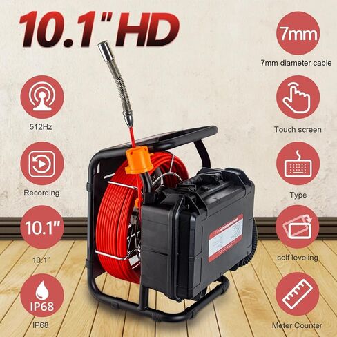Drain Sewer Camera with 512HZ Locator Self Leveling 150FT,JQKJCAM DVR 23mm Pipe Camera Plumbing Borescope with Intelligent Meter Counter 10.1 Inch HD 1080P Touch Screen (50m/164ft) in Saudi Arabia