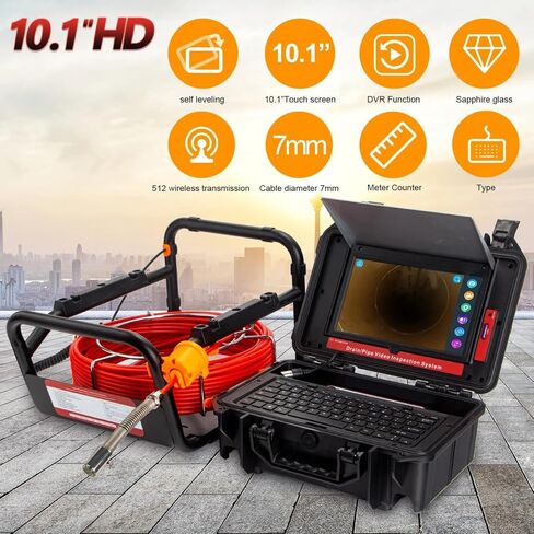 Drain Sewer Camera with 512HZ Locator Self Leveling 150FT,JQKJCAM DVR 23mm Pipe Camera Plumbing Borescope with Intelligent Meter Counter 10.1 Inch HD 1080P Touch Screen (50m/164ft) in Saudi Arabia