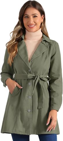 Allegra K Women's Jean Belted Notched Lapel Trench Long Denim Jacket in Saudi Arabia