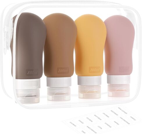 Travel Bottles for Toiletries, Travel essentials BPA Free Leak Proof Tubs Refillable Liquid Accessories with Toiletry Bag for Cometic Shampoo and Lotion Soap 4 Pack (3.3oz) in Saudi Arabia