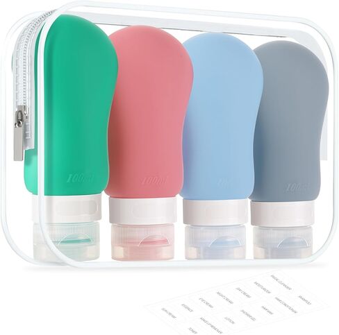 Travel Bottles for Toiletries, Travel essentials BPA Free Leak Proof Tubs Refillable Liquid Accessories with Toiletry Bag for Cometic Shampoo and Lotion Soap 4 Pack (3.3oz) in Saudi Arabia