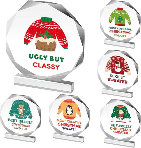 Barydat 6 Pcs Ugly Christmas Sweater Trophies 4.72 Inch Ugly Sweater Trophy Acrylic Ugly Sweater Contest Prizes for Xmas Winner Holiday Party Trophy Award Game Favors, 6 Styles in Saudi Arabia