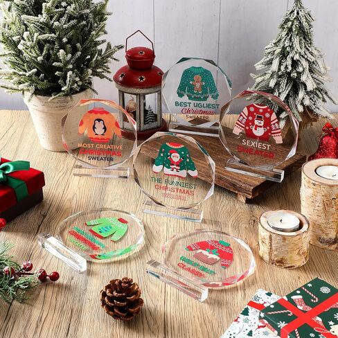 Barydat 6 Pcs Ugly Christmas Sweater Trophies 4.72 Inch Ugly Sweater Trophy Acrylic Ugly Sweater Contest Prizes for Xmas Winner Holiday Party Trophy Award Game Favors, 6 Styles in Saudi Arabia