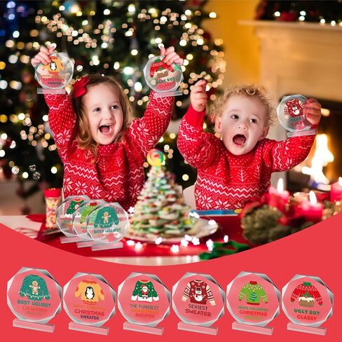 Barydat 6 Pcs Ugly Christmas Sweater Trophies 4.72 Inch Ugly Sweater Trophy Acrylic Ugly Sweater Contest Prizes for Xmas Winner Holiday Party Trophy Award Game Favors, 6 Styles in Saudi Arabia
