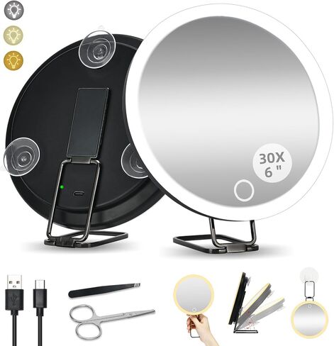 6“ 30X Strong Magnifying Mirror for Close up Detailed Make-up for The Elderly,Led Magnified Mirror with Lights,High Magnification Round Makeup Mirror with Lights Scissors Sets,Gifts Men for Mom in Kuwait