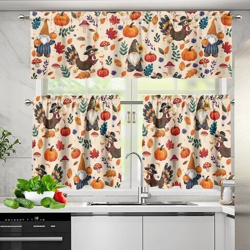 Fall Maple Kitchen Curtains Tiers and Valances Set, Thanksgiving Rod Pocket Valance Short Window Treatment Decor Curtains, 3 Pieces Set in Kuwait