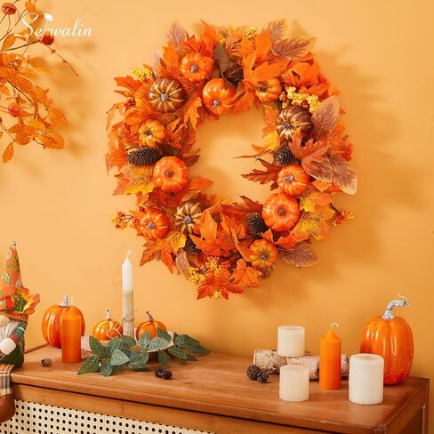 Serwalin 22’’ Fall Wreath for Front Door Autumn Wreath with Welcome Sign Harvest Wreath with Pumpkin Maple Leaf and Berry Pine Cones for Festival Thanksgiving Farmhouse Fall Decor Halloween Wreath in Saudi Arabia