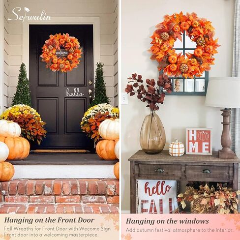 Serwalin 22’’ Fall Wreath for Front Door Autumn Wreath with Welcome Sign Harvest Wreath with Pumpkin Maple Leaf and Berry Pine Cones for Festival Thanksgiving Farmhouse Fall Decor Halloween Wreath in Saudi Arabia