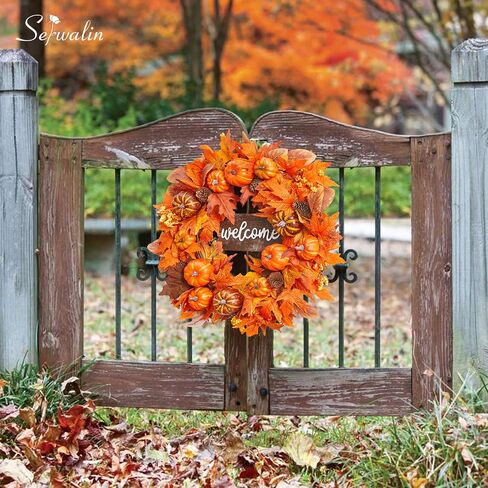 Serwalin 22’’ Fall Wreath for Front Door Autumn Wreath with Welcome Sign Harvest Wreath with Pumpkin Maple Leaf and Berry Pine Cones for Festival Thanksgiving Farmhouse Fall Decor Halloween Wreath in Saudi Arabia