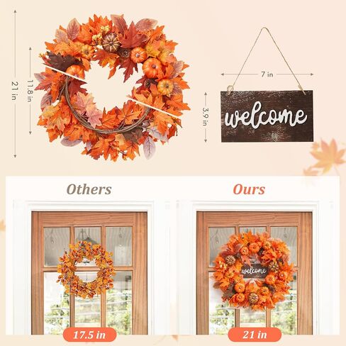 Serwalin 22’’ Fall Wreath for Front Door Autumn Wreath with Welcome Sign Harvest Wreath with Pumpkin Maple Leaf and Berry Pine Cones for Festival Thanksgiving Farmhouse Fall Decor Halloween Wreath in Saudi Arabia