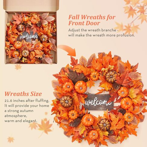 Serwalin 22’’ Fall Wreath for Front Door Autumn Wreath with Welcome Sign Harvest Wreath with Pumpkin Maple Leaf and Berry Pine Cones for Festival Thanksgiving Farmhouse Fall Decor Halloween Wreath in Saudi Arabia