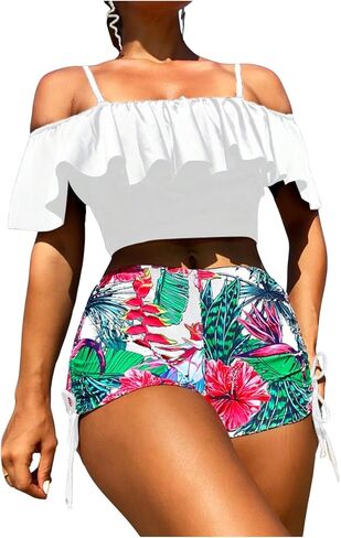 SOLY HUX Tankini Swimsuits for Women Cold Shoulder Ruffle Tops and Floral Print Shorts Bathing Suits Two Piece Swimsuit in Saudi Arabia
