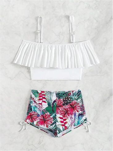 SOLY HUX Tankini Swimsuits for Women Cold Shoulder Ruffle Tops and Floral Print Shorts Bathing Suits Two Piece Swimsuit in Saudi Arabia