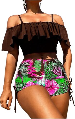 SOLY HUX Tankini Swimsuits for Women Cold Shoulder Ruffle Tops and Floral Print Shorts Bathing Suits Two Piece Swimsuit in Saudi Arabia