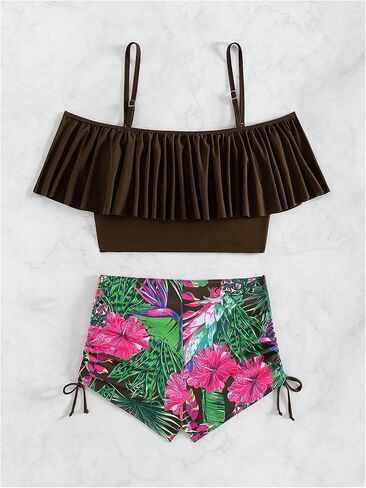 SOLY HUX Tankini Swimsuits for Women Cold Shoulder Ruffle Tops and Floral Print Shorts Bathing Suits Two Piece Swimsuit in Saudi Arabia