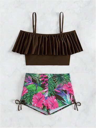 SOLY HUX Tankini Swimsuits for Women Cold Shoulder Ruffle Tops and Floral Print Shorts Bathing Suits Two Piece Swimsuit in Saudi Arabia