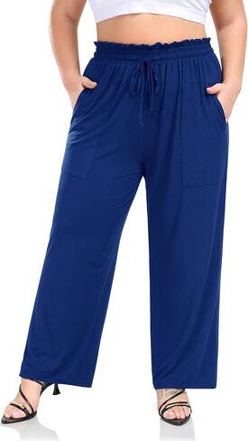 بنطال ZERDOCEAN نسائي واسع الساق بمقاس كبير، عالي الخصر، كاجوال لليوجا مع جيوب برباط in Kuwait