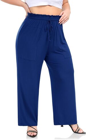 بنطال ZERDOCEAN نسائي واسع الساق بمقاس كبير، عالي الخصر، كاجوال لليوجا مع جيوب برباط in Kuwait