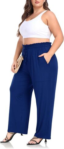 بنطال ZERDOCEAN نسائي واسع الساق بمقاس كبير، عالي الخصر، كاجوال لليوجا مع جيوب برباط in Kuwait