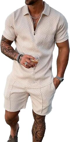 Men’s Short Sets Outfits 2 Piece Summer Tracksuit Short Sleeve Polo Shirt Shorts Set Casual Sport Suit in Saudi Arabia