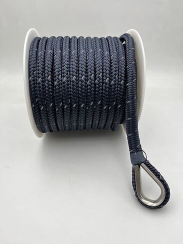Upgrade Your Marine, Boat with Our Premium Nylon Anchor Line Rope - Double Braided, 1/2"x100’, Navy Blue with Reflective Tracer and 316 Stainless Steel Thimble, Perfect for Boat Applications in Saudi Arabia