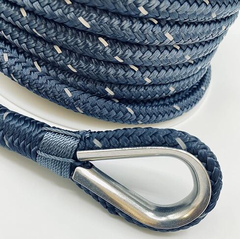 Upgrade Your Marine, Boat with Our Premium Nylon Anchor Line Rope - Double Braided, 1/2"x100’, Navy Blue with Reflective Tracer and 316 Stainless Steel Thimble, Perfect for Boat Applications in Saudi Arabia