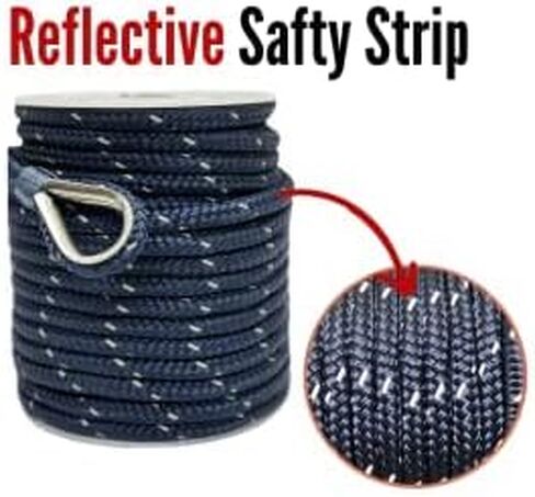 Upgrade Your Marine, Boat with Our Premium Nylon Anchor Line Rope - Double Braided, 1/2"x100’, Navy Blue with Reflective Tracer and 316 Stainless Steel Thimble, Perfect for Boat Applications in Saudi Arabia