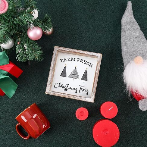 Vintage Christmas Decor, Farm Fresh Christmas Trees Block Sign for Shelf, Mantel, Farmhouse Christmas Decoration, Embossed Metal With Wood Frame in Saudi Arabia