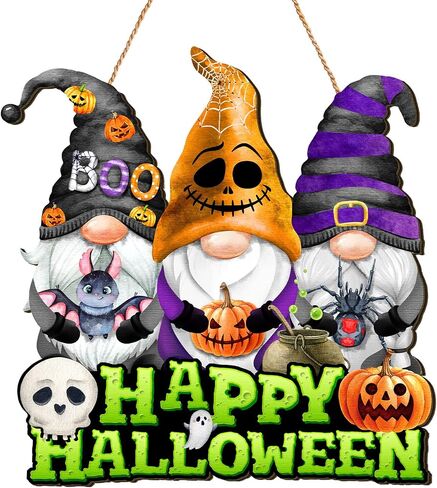 Huwena Halloween Wooden Door Sign Happy Halloween Gnomes Hanging Sign Halloween Novelty Wooden Signs for Home Decor Rustic Farmhouse Door Sign for Outdoor Porch Home Harvest Decor in Saudi Arabia