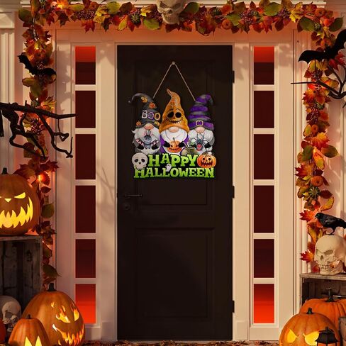 Huwena Halloween Wooden Door Sign Happy Halloween Gnomes Hanging Sign Halloween Novelty Wooden Signs for Home Decor Rustic Farmhouse Door Sign for Outdoor Porch Home Harvest Decor in Saudi Arabia