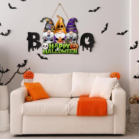 Huwena Halloween Wooden Door Sign Happy Halloween Gnomes Hanging Sign Halloween Novelty Wooden Signs for Home Decor Rustic Farmhouse Door Sign for Outdoor Porch Home Harvest Decor in Saudi Arabia