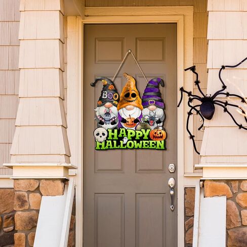 Huwena Halloween Wooden Door Sign Happy Halloween Gnomes Hanging Sign Halloween Novelty Wooden Signs for Home Decor Rustic Farmhouse Door Sign for Outdoor Porch Home Harvest Decor in Saudi Arabia
