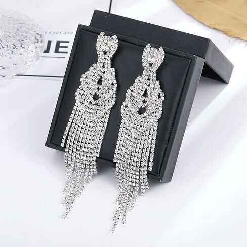 Rhinestone Dangle Earrings for Women Girls,S925 Silver Gold Sparkly Dangle Tassel Statement Earrings, Long Chandelier Earrings, Lightweight Ear Studs Cubic Zirconia Crystal Statement Bridal Wedding in Saudi Arabia