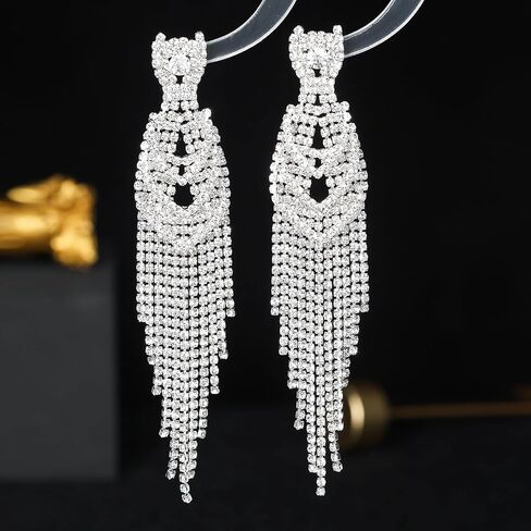 Rhinestone Dangle Earrings for Women Girls,S925 Silver Gold Sparkly Dangle Tassel Statement Earrings, Long Chandelier Earrings, Lightweight Ear Studs Cubic Zirconia Crystal Statement Bridal Wedding in Saudi Arabia