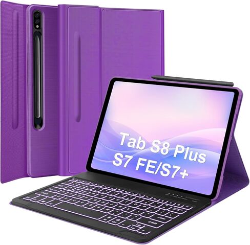 حافظة سامسونج تاب S8 بلس/S7 FE/S7 بلس مع لوحة مفاتيح مقاس 12.4 بوصة، حافظة لوحة مفاتيح جالاكسي تاب S7 FE| إضاءة خلفية ذكية بـ 7 ألوان| لوحة مفاتيح لاسلكية مغناطيسية قابلة للفصل| غطاء فوليو نحيف مع حامل قلم S أرجواني in Kuwait