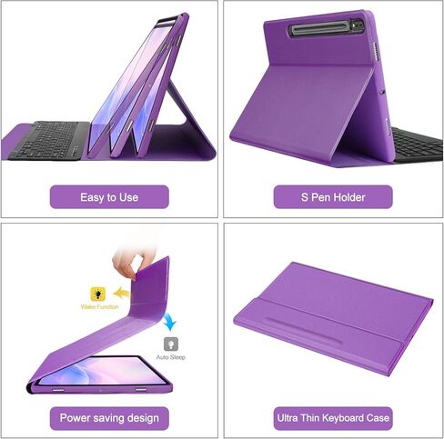 حافظة سامسونج تاب S8 بلس/S7 FE/S7 بلس مع لوحة مفاتيح مقاس 12.4 بوصة، حافظة لوحة مفاتيح جالاكسي تاب S7 FE| إضاءة خلفية ذكية بـ 7 ألوان| لوحة مفاتيح لاسلكية مغناطيسية قابلة للفصل| غطاء فوليو نحيف مع حامل قلم S أرجواني in Kuwait