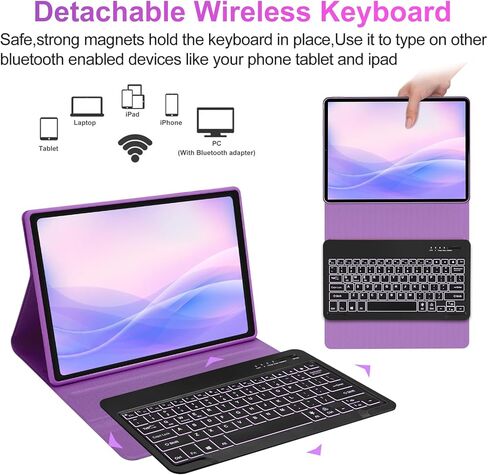 حافظة سامسونج تاب S8 بلس/S7 FE/S7 بلس مع لوحة مفاتيح مقاس 12.4 بوصة، حافظة لوحة مفاتيح جالاكسي تاب S7 FE| إضاءة خلفية ذكية بـ 7 ألوان| لوحة مفاتيح لاسلكية مغناطيسية قابلة للفصل| غطاء فوليو نحيف مع حامل قلم S أرجواني in Kuwait