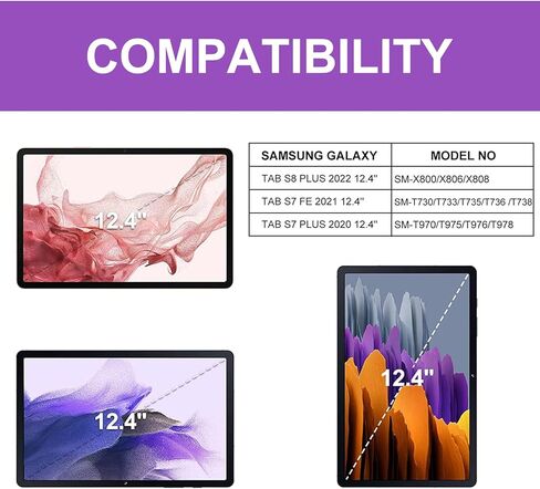 حافظة سامسونج تاب S8 بلس/S7 FE/S7 بلس مع لوحة مفاتيح مقاس 12.4 بوصة، حافظة لوحة مفاتيح جالاكسي تاب S7 FE| إضاءة خلفية ذكية بـ 7 ألوان| لوحة مفاتيح لاسلكية مغناطيسية قابلة للفصل| غطاء فوليو نحيف مع حامل قلم S أرجواني in Kuwait