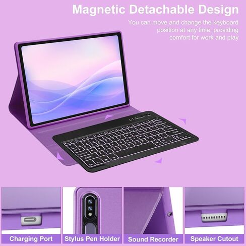 حافظة سامسونج تاب S8 بلس/S7 FE/S7 بلس مع لوحة مفاتيح مقاس 12.4 بوصة، حافظة لوحة مفاتيح جالاكسي تاب S7 FE| إضاءة خلفية ذكية بـ 7 ألوان| لوحة مفاتيح لاسلكية مغناطيسية قابلة للفصل| غطاء فوليو نحيف مع حامل قلم S أرجواني in Kuwait