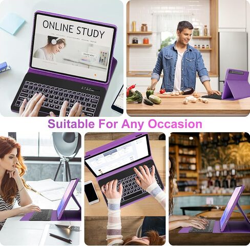 حافظة سامسونج تاب S8 بلس/S7 FE/S7 بلس مع لوحة مفاتيح مقاس 12.4 بوصة، حافظة لوحة مفاتيح جالاكسي تاب S7 FE| إضاءة خلفية ذكية بـ 7 ألوان| لوحة مفاتيح لاسلكية مغناطيسية قابلة للفصل| غطاء فوليو نحيف مع حامل قلم S أرجواني in Kuwait