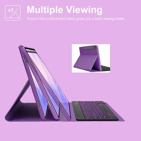 حافظة سامسونج تاب S8 بلس/S7 FE/S7 بلس مع لوحة مفاتيح مقاس 12.4 بوصة، حافظة لوحة مفاتيح جالاكسي تاب S7 FE| إضاءة خلفية ذكية بـ 7 ألوان| لوحة مفاتيح لاسلكية مغناطيسية قابلة للفصل| غطاء فوليو نحيف مع حامل قلم S أرجواني in Kuwait