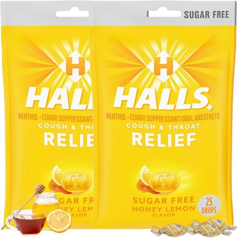 Honey Lemon Sugar Free Cough Drops - Hall Sugar Free - Cough Drops, Sugar Free Cough Drops, Cough Drops Sugar Free (Honey Lemon) Bags of 25 Drops (Pack of 2) in Saudi Arabia