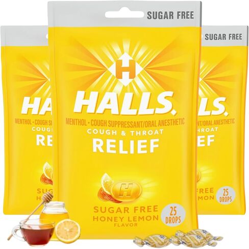 Honey Lemon Sugar Free Cough Drops - Hall Sugar Free - Cough Drops, Sugar Free Cough Drops, Cough Drops Sugar Free (Honey Lemon) Bags of 25 Drops (Pack of 2) in Saudi Arabia