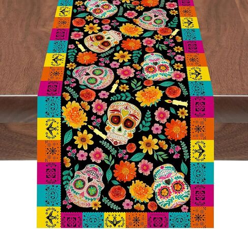 مفرش طاولة Dia De Los Muertos سينكو دي مايو من الكتان الريفي المكسيكي فييستا سكر جمجمة زهور القطيفة مزرعة ريفية يوم الموتى ديكور المذبح لطاولة Ofrenda والمطبخ وتناول الطعام في المنزل in Saudi Arabia