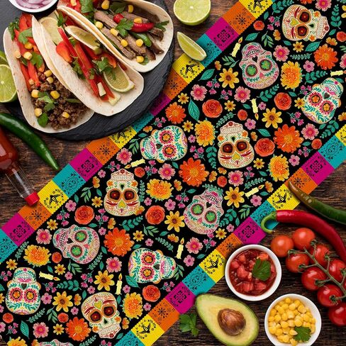 مفرش طاولة Dia De Los Muertos سينكو دي مايو من الكتان الريفي المكسيكي فييستا سكر جمجمة زهور القطيفة مزرعة ريفية يوم الموتى ديكور المذبح لطاولة Ofrenda والمطبخ وتناول الطعام في المنزل in Saudi Arabia