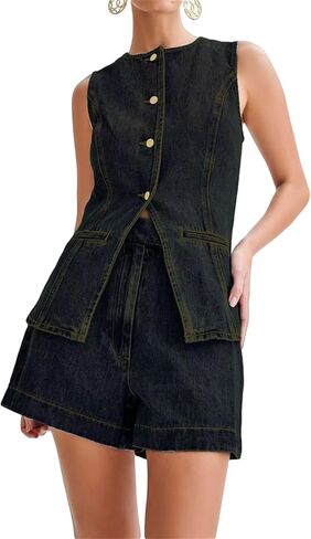 Women Y2k Denim 2 Piece Set Crew Neck Sleeveless Button Down Vest and High Waist Jean Shorts Pants Jean Outfit in Saudi Arabia
