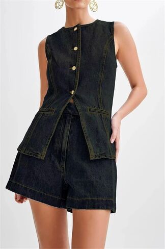 Women Y2k Denim 2 Piece Set Crew Neck Sleeveless Button Down Vest and High Waist Jean Shorts Pants Jean Outfit in Saudi Arabia